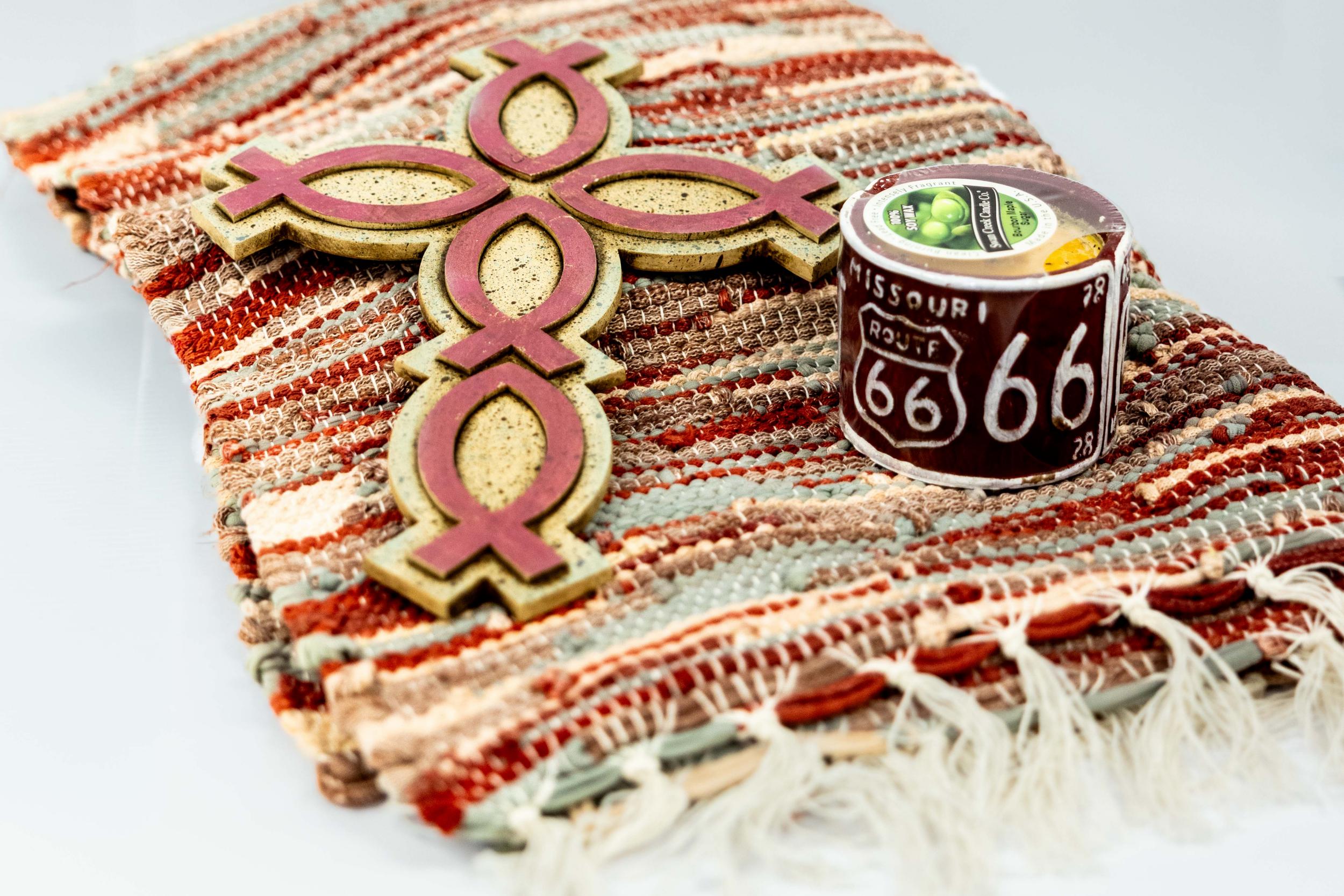 Lot 1 - BHDC Rug, Missouri Rt 66 Candle & Fish Cross