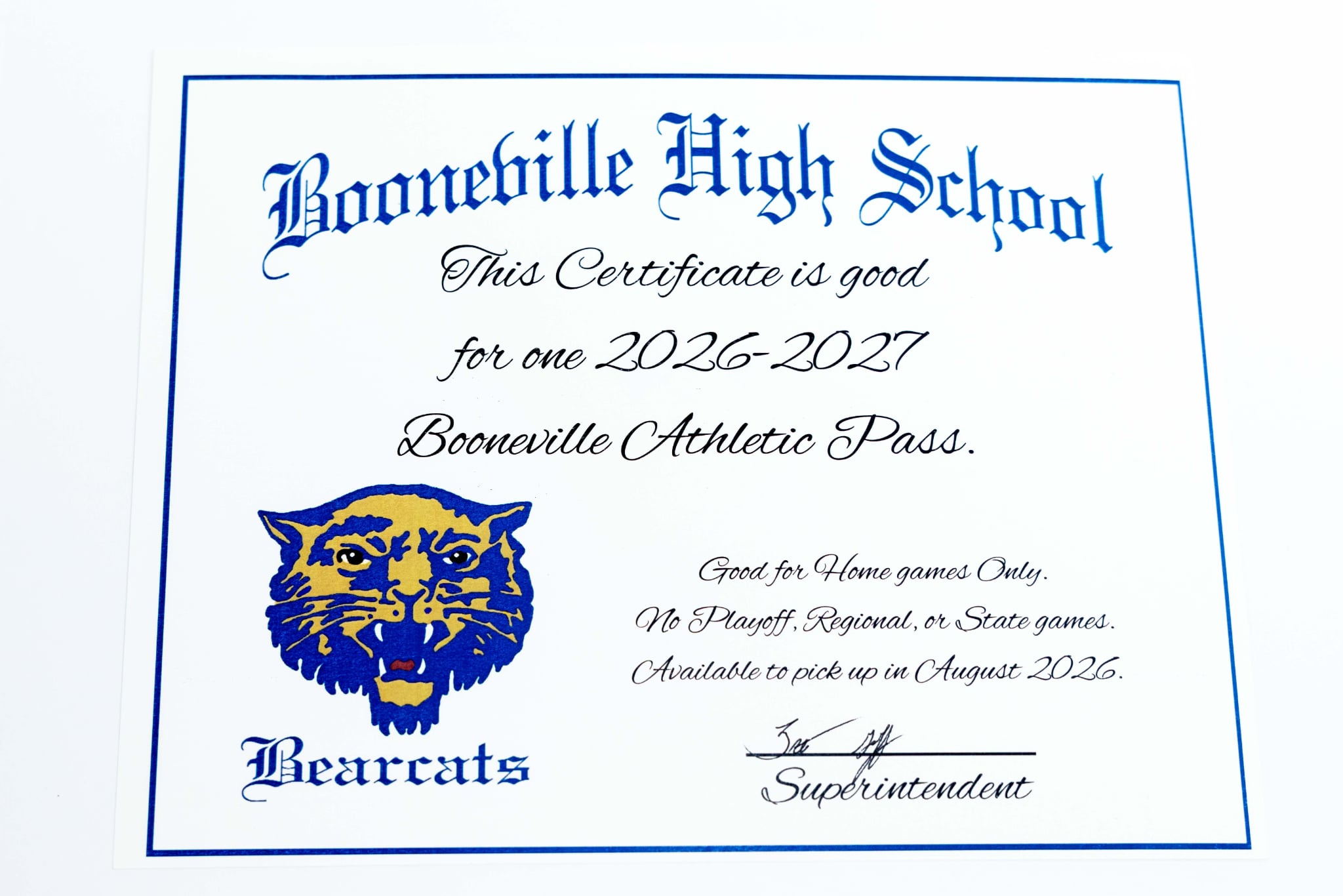 Lot 36 - ONE FULL SEASON - Booneville High School Athletic Pass 2026-2027